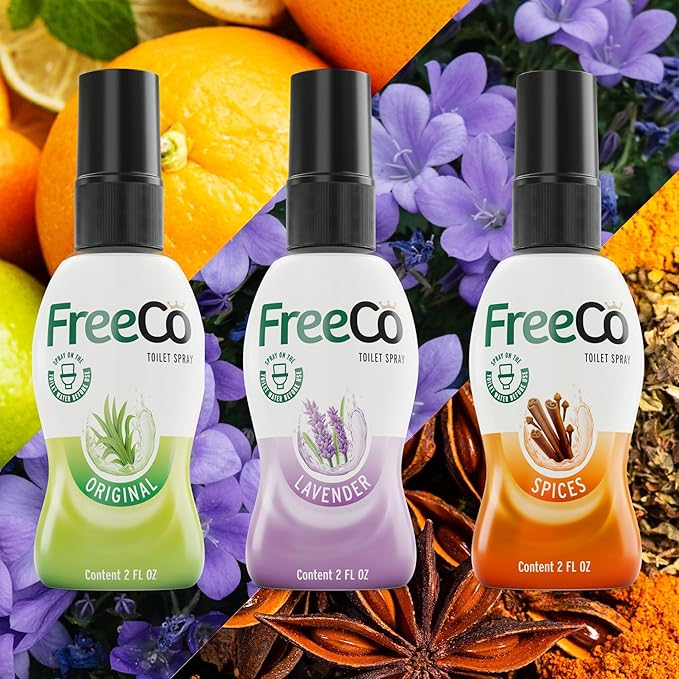 FreeCo Before-You-Go Toilet Spray | Stops Odor Before It Begins with Essential Oils | Ideal for Home, Office & Travel | Variety 3-Pack (2 fl oz Each): 1 Citrus, 1 Lavender, 1 Spice