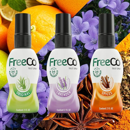 FreeCo Before-You-Go Toilet Spray | Stops Odor Before It Begins with Essential Oils | Ideal for Home, Office & Travel | Variety 3-Pack (2 fl oz Each): 1 Citrus, 1 Lavender, 1 Spice