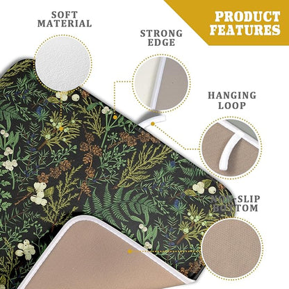 Black Sage Green Plant Dish Drying Pad 16 x 18 Inch with Absorbent Reversible Microfiber Vintage Botanical Fern Leaves Floral Drying Mats For Kitchen Counter Dining Room Decoration