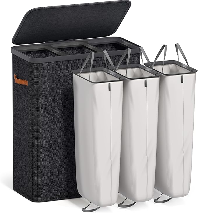 Sorbus Laundry Hamper with Lid - Collapsible 3-Compartment Fabric Laundry Basket with Handles and Removable Laundry Bag – 50 Gallon (190 L) Dirty Clothes Hamper for Bedroom, bathroom and dorm (Black)