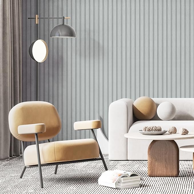 Yun-aeon Wood Slat Peel and Stick Wallpaper 17.3"x 160" Light Grey Wood Grating Stripe Contact Paper Removable Faux Wood Panels Wallpaper Self Adhesive Waterproof Vinyl Wall Paper for Bedroom Kitchen