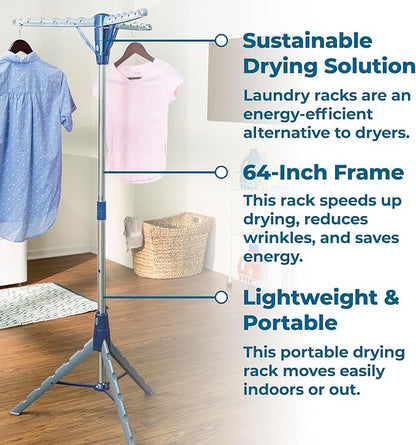 Honey-Can-Do Steel Tripod 64-Inch Folding Clothes Drying Rack – Space-Saving Collapsable Clothes Rack, Durable Clothes Dryer Stand for Laundry Room, 3 Rotatable Arms for 30 Hangers
