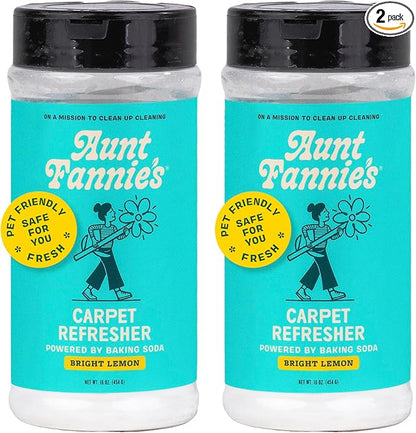 Aunt Fannie's Carpet Refresher & Deodorizer Powder, Multi-Purpose Rug, Carpet, and Upholstery Odor Eliminator for Homes with Cats and Dogs, Bright Lemon Scent, 16 Oz (Pack of 2)