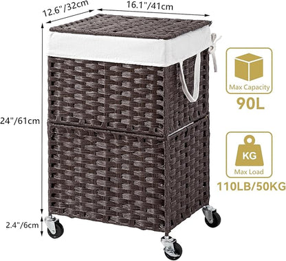 Chrislley 90L Slim Laundry Hamper with Wheels, Rolling Laundry Basket with Lid and Renovable Liner Bag, Handwoven Rattan Organizer for bedroom, bathroom, laundry room (Brown)