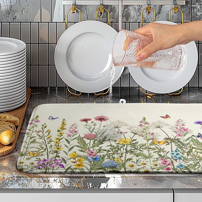 Spring Dish Drying Mat Summer Floral Flowers Kitchen Dish Drying Pad Absorbent Dish Dryer Mat for Kitchen Countertops Microfiber Dishes Drainer Pad Dish Drying Rack Mat (18x24 in)