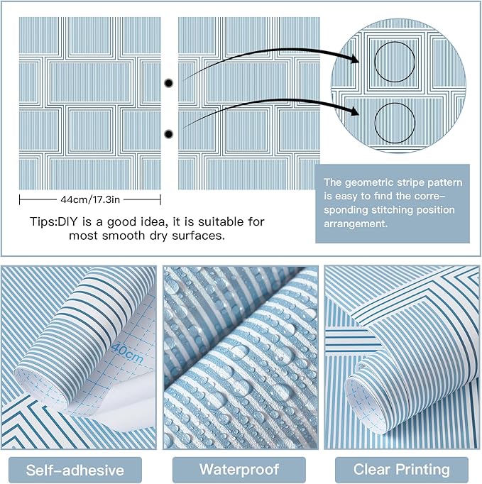 Guvana Peel and Stick Wallpaper Blue and White Contact Paper Modern Wall Paper Geometric Striped Removable Self Adhesive Wallpaper for Bathroom Bedroom Covering Accent Wall Vinyl Rolls 78.7"x17.3"