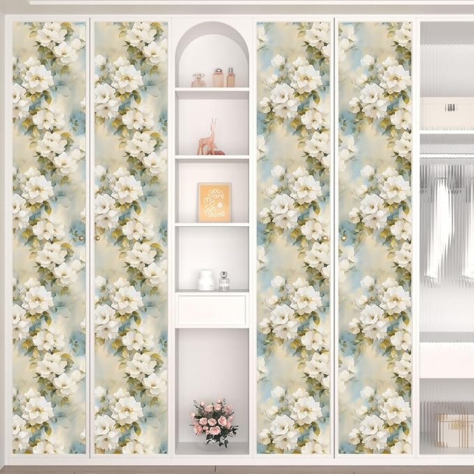Floral Wallpaper Peel and Stick Vintage Beige Flowers Contact Paper Vinyl Waterproof Self Adhesive Removable Green leaf Modern Wall Murals for Bedroom Walls Shelves Cabinet Decoration 17.5" X 118"