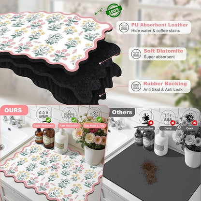 LOKHOM Scalloped Floral Dish Drying Mat, 12"x20" Super Absorbent Coffee Mat with Unique Pink Pastoral Floral, Cuttable Hide Stain Non-slip Drying Mat for Kitchen Counter Coffee Maker Espresso Machine