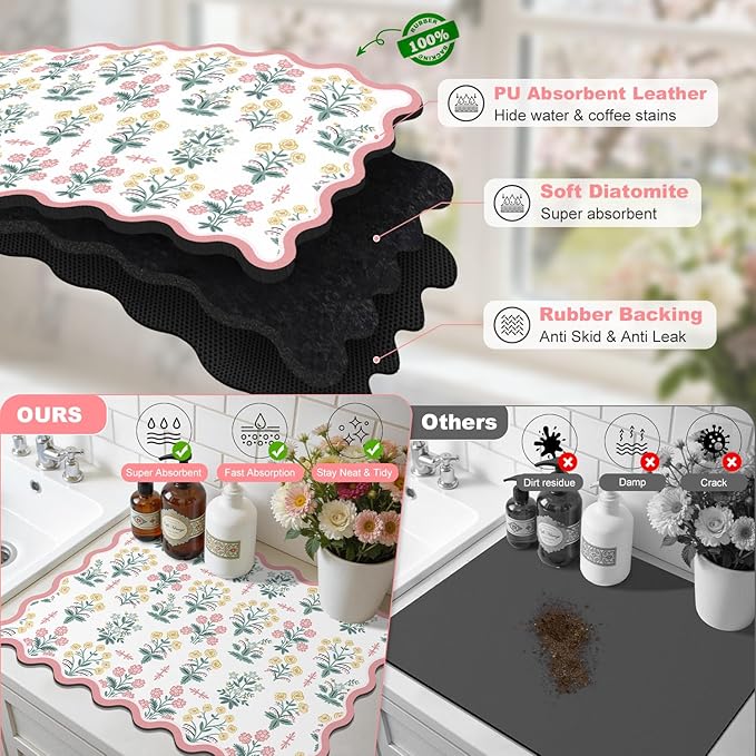 LOKHOM Scalloped Floral Dish Drying Mat, 18"x24" Super Absorbent Coffee Mat with Unique Pink Pastoral Floral, Cuttable Hide Stain Non-slip Drying Mat for Kitchen Counter Coffee Maker Espresso Machine