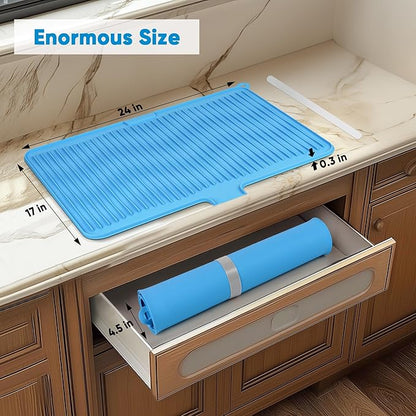 Silicone Dish Drying Mat for Kitchen Counter, Non-slip Surface and Heat-resistant Food Grade Kitchen Counter Protector with Drain Lip, Easy Clean and Storage for Multiple Usage, 23*17 inch Large Size