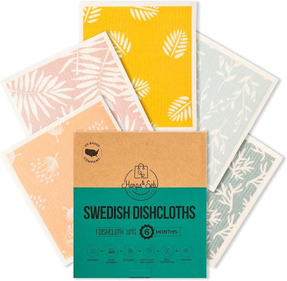 Harps&Seb Swedish Dishcloths for Kitchen Dish Towels - 5 Pack, Non-Scratch Reusable Paper Towels, Super Absorbent Washable Swedish Dish Cloths, No Odor, Biodegradable, Leaf Design