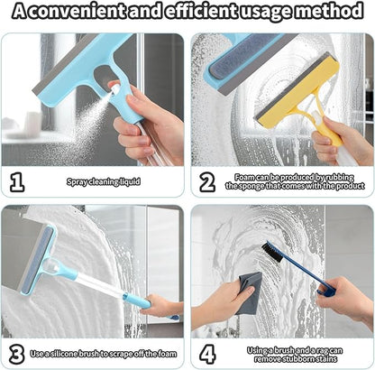 3 in 1 Window Cleaning Scraper, Spray Squeegee, Mirror Cleaner Tool, 3 in 1 Squeegee for Shower Glass, Squeegee with Sprayer, Shower Squeege, Squeegee and Scrubber with Spray, for Mirrors, Bathroom