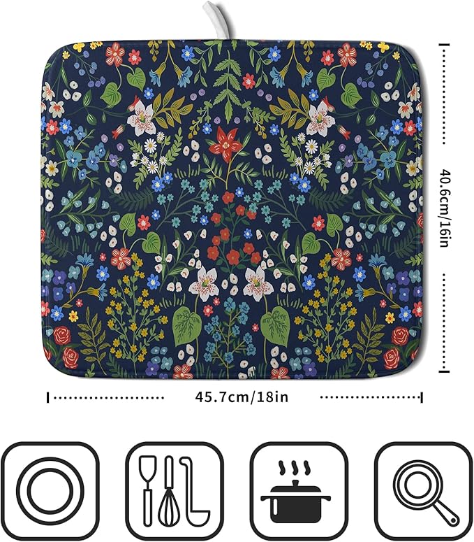 Flower Floral Dish Drying Mat Microfiber Navy Blue Absorbent Drying Pad for Kitchen Counter Small
