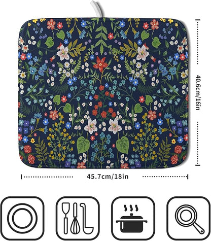 Flower Floral Dish Drying Mat Microfiber Navy Blue Absorbent Drying Pad for Kitchen Counter Small