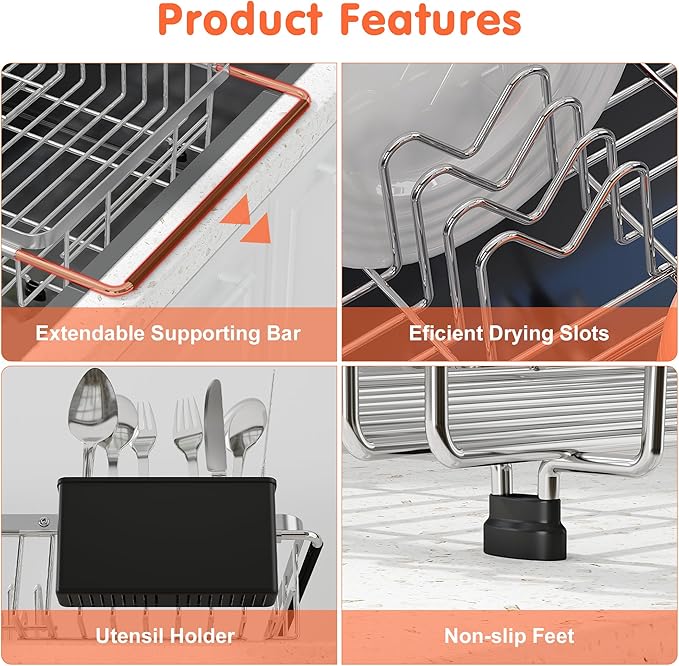 Expandable Over The Sink Dish Drainer Drying Rack In Stainless Steel Metal For Small Kitchen, Counter Space Saving Compact Above Plate Dryer Strainer, Adjustable Hanging Inside Sink Wire Drain Holder