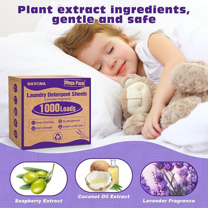 1000 Loads Mega Pack Laundry Detergent Sheets, Eco-friendly Laundry Sheets, Powerful Cleaning, Suitable for Homes, Dorms, and Apartments - [Lavender Fragrance]