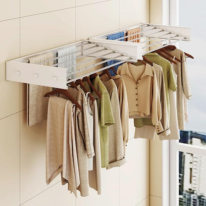 LIENAHU Upgrade Drying Rack Clothing,Clothes Drying Rack Wall Mounted,Laundry Drying Rack Wall Mount,Foldable,Collapsible,Retractable,6 Aluminium Poles,with Hooks,(White 35.5"