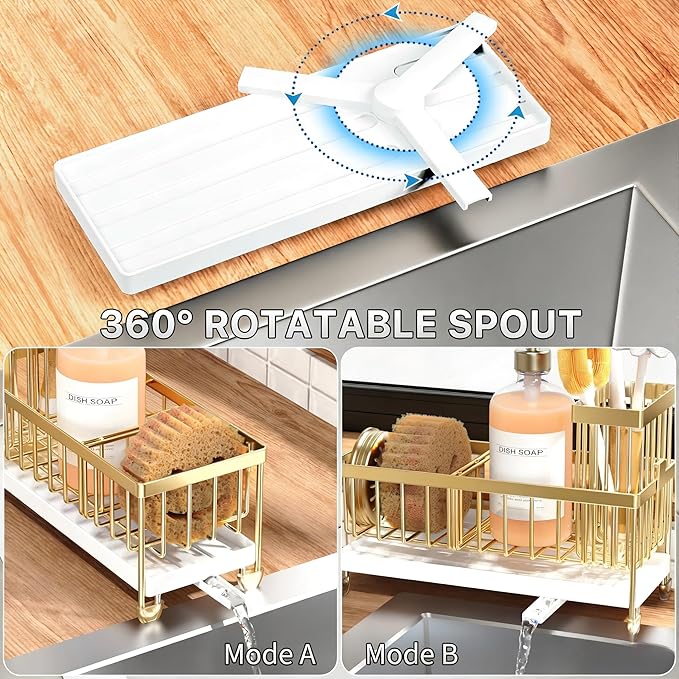 Cisily Sponge Holder for Kitchen Sink, Sink Caddy Organizer with High Brush Holder, Kitchen Countertop Organizers and Storage Essentials, Rustproof 304 Stainless Steel (Gold, 9.25″)