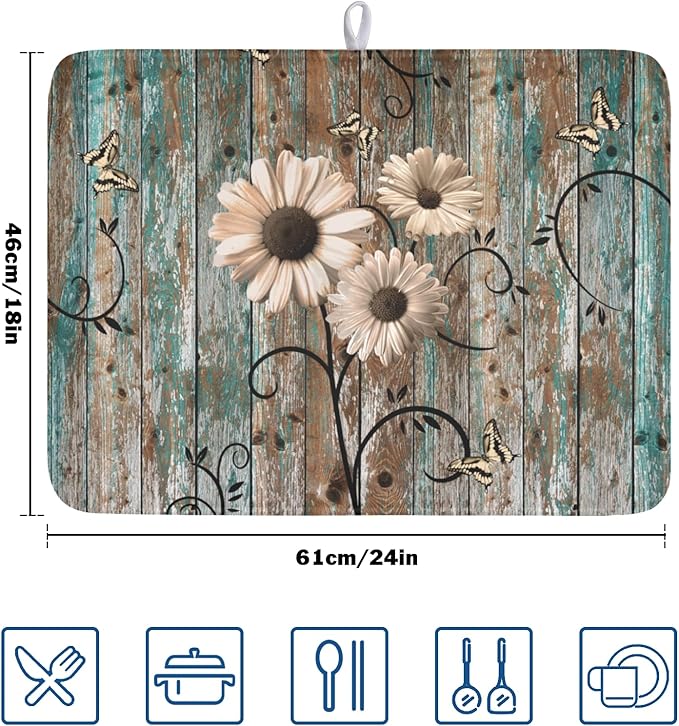 Spring Daisy Dish Drying Mat for Kitchen Counter 18 x 24 Inch Vintage Farmhouse Dish Drainer Mat Absorbent Microfiber Shabby Chic Flowers Dish Rack Pad for Coffee Dining Bar Decor