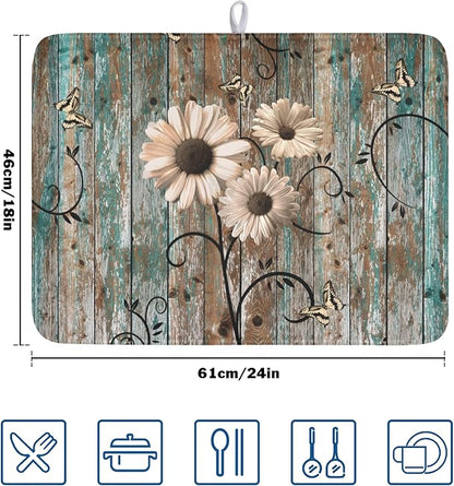 Spring Daisy Dish Drying Mat for Kitchen Counter 18 x 24 Inch Vintage Farmhouse Dish Drainer Mat Absorbent Microfiber Shabby Chic Flowers Dish Rack Pad for Coffee Dining Bar Decor