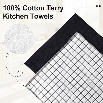Homaxy Premium Cotton Kitchen Towels 16"x 28", Large Natural Ring Spun 390 GSM Dish Towels, Super Absorbent Terry Kitchen Hand Towels, Soft Tea Towels with Hanging Loop, Black Check Design, 12 Pack