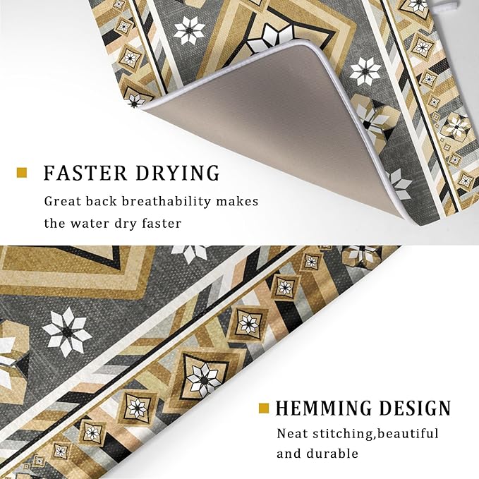 Boho Yellow Gray Aztec Dish Drying Mat for Kitchen Counter,Native American Tribal Aztec Ethnic Boho Style Drying Mat 18 x 24 Inch Microfiber Dish Drying Pad Dish Rack Pad Drainer Mat for Coffee Bar