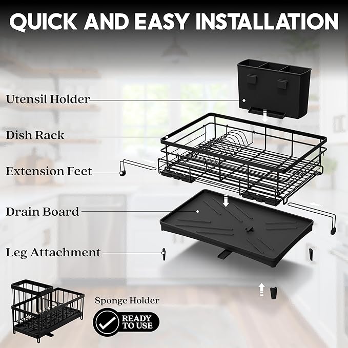 2 IN 1 Expandable Dish Drying Rack plus Sponge Organizer, Stainless Steel Drying Rack with Drainer Plate, Kitchen Countertop Organizer Space Saving Utensil Holder, Scratch Resistant and Rust-Proof