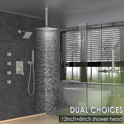 Enga Dual Shower Head Shower System with Body Jets, 12" Ceiling Mounted Rain Shower Head & 6" Wall Mounted Head Full Body Rainfall Shower Faucet with Valve Kit, Brushed Nickel
