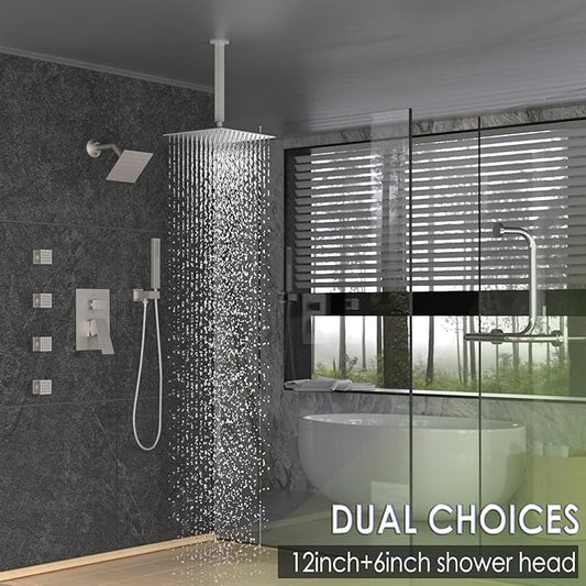 Enga Dual Shower Head Shower System with Body Jets, 12" Ceiling Mounted Rain Shower Head & 6" Wall Mounted Head Full Body Rainfall Shower Faucet with Valve Kit, Brushed Nickel