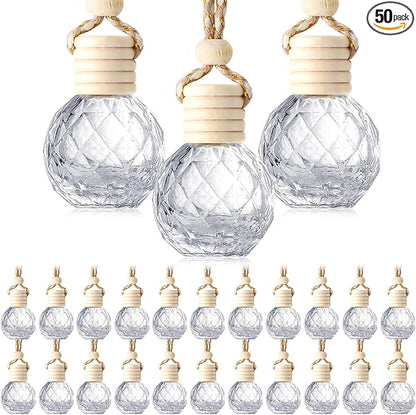BBTO 50 Pcs Hanging Car Air Freshener Car Diffuser Bottles Empty Glass Perfume Bottle Freshener Diffuser Bottle Pendant for Essential Oil Fragrance Aromatherapy Ornament(Round Diamond)