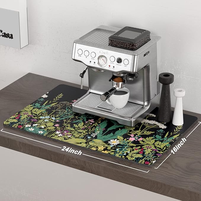 Rnivvi Coffee Mat, 16" x 24" Cute Flower Theme Coffee Bar Mats for Espresso Machine Station Accessories and Organizer, Hide Stain Rubber Backed Absorbent Dish Drying Pad for Kitchen Counter, Black