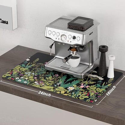Rnivvi Coffee Mat, 16" x 24" Cute Flower Theme Coffee Bar Mats for Espresso Machine Station Accessories and Organizer, Hide Stain Rubber Backed Absorbent Dish Drying Pad for Kitchen Counter, Black
