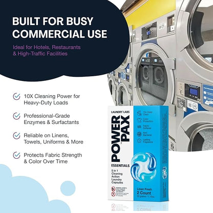 PowerPax 5-in-1 Commercial Laundry Detergent Capsules for Vending Machine, Linen Fresh, 100 Count in 2 Packs – Stain Remover, Color Booster, Fabric Softener for Coin Vend Laundromat Supplies