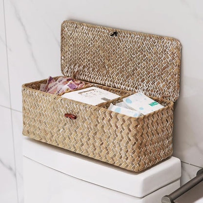Whitewash Seagrass Tank Basket with Lid Woven Toilet Roll Storage Basket with Sections Rectangular for Organize Snack Toys (Large Compartment 16.5inch L x 5.5inch W x 5.5inch H)