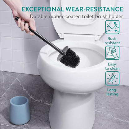Navaris Toilet Brush and Holder Set, Blue - Toilet Brushes & Holders - Soft Touch & Rubber Coated Loo Brush with Stainless Steel Handle - Adjustable Silicone Water Stopper