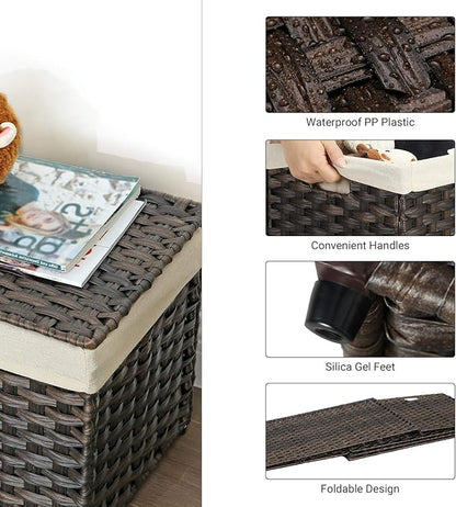 SONGMICS Storage Basket with Lid, Woven Blanket Storage Bin with Handles, Foldable, Removable Liner, Metal Frame, for Bedroom, Laundry Room, 17.2 Gallons (65 L), Brown URST56BR