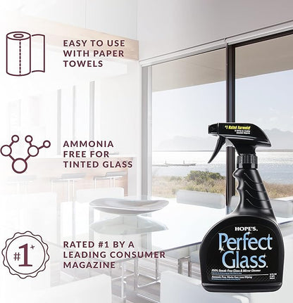 HOPE'S Perfect Glass Cleaner Spray, Streak-Free, Ammonia-Free Window, Mirror, Screen, Tinted Glass, and Shower Door Cleaner, Indoor and Outdoor Glass Surfaces, 32 Fl Oz, Pack of 6