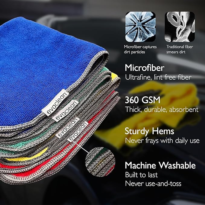 EvaClean Premium Microfiber Cleaning Cloth 16"x16" - Reusable, Washable, Non-Scratch, Microfiber Towels for Cleaning, Dusting, Polishing, High Absorbency & Durability, 4 Colors, 24-Pack