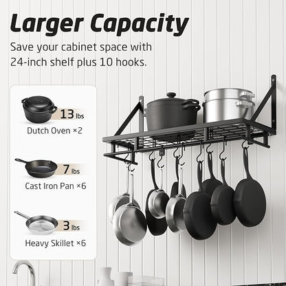 KES 24 Inch Kitchen Pot Pan Rack Wall Mounted Hanging Storage Organizer Wall Shelf With Hooks Matte Black, KUR215S60-BK