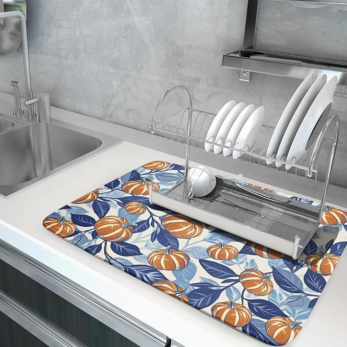 Blue Burnt Orange Fall Thanksgiving Pumpkin Dish Drying Mat for Kitchen Counter 18x24 Autumn Harvest Theme Absorbent Reversible Microfiber Drying Mats Kitchen Countertop Protector Dishes Drainer Pad