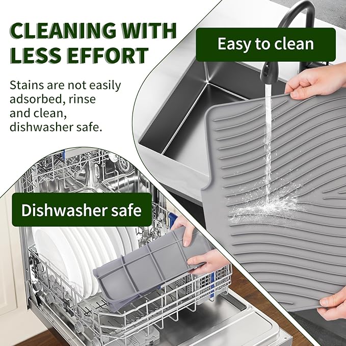 Silicone Dish Drying Mat 16x13 Multiple Usage,Easy clean,Eco-friendly,Heat-resistant Silicone Mat Dish Drying Mats For Kitchen Counter or Sink,Refrigerator or Drawer liner Grey 16inchx13inch