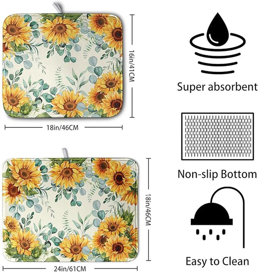 Sunflowers Dish Drying Mat for Kitchen Counter Yellow Flower Green Leaves Dish Draining Mats Spring Summer Floral Dishes Pad Microfiber Absorbent Dish Drainer Rack Mat 16x18 Inch