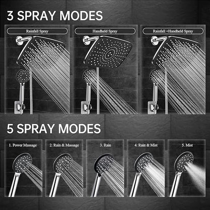 Veken 11.8 Inch Rain Shower Head with Handheld- High Pressure Dual Shower Heads with 5 Modes Handheld Spray Combo- Wide Rainfall Showerhead with Hose, Bathroom Accessories, Chrome
