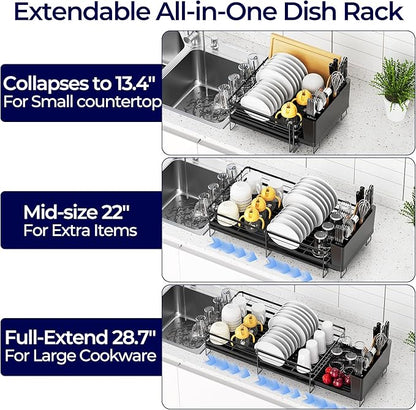 Large Dish Drying Rack, Expandable Dish Rack for Kitchen Counter, Upgraded Dish Drainer with Drainboard Set, Multifunctional Dishrack with Utensil Holder & Cup Holder, 13.4"-28.7" L x 11.8" W