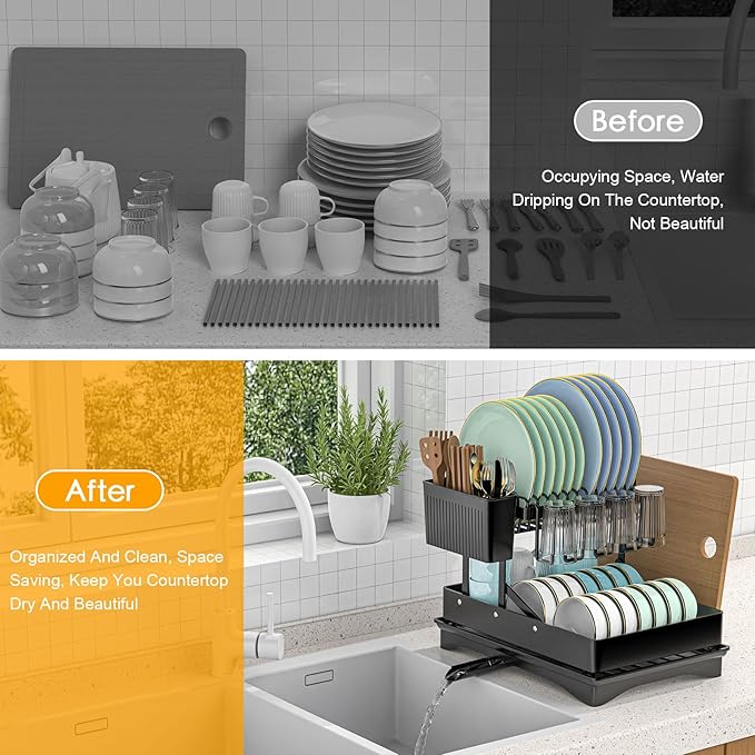 Large Dish Drying Rack 2 Tier for Kitchen Counter, Anti-Rust Metal Dish Rack with Lock & Lift System & Retractable Auto-Drain Spout, Escurridor de Platos with Cutting Board and Utensil Holder