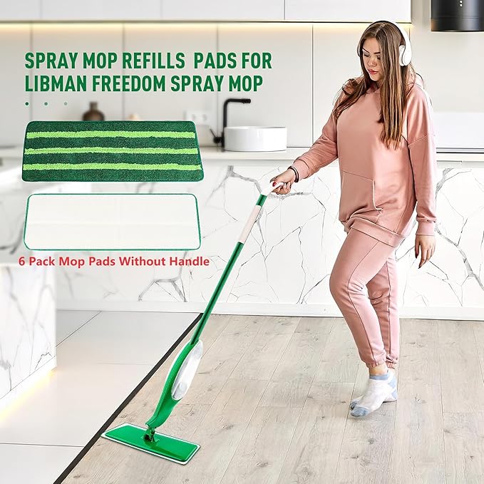 6 Pack Spray Mop Refills for Libman Freedom Spray Mop, Reusable Microfiber Mop Pad Replacement Head Without Handle