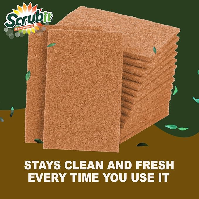 SCRUBIT 100 Pack Natural Scouring Pads - Heavy Duty Scrubbing Pads for Dishes - Non-Scratch - Reusable - Natural, Eco-Friendly, Biodegradable Sisal Brown Sponges for Dishes, Compostable