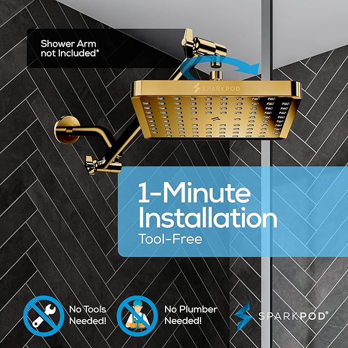SparkPod Shower Head - High Pressure Rain - Premium Quality Luxury Design - Easy Clean Adjustable Replacement for Your Bathroom Shower Heads (Egyptian Gold, 8 Inch Square)