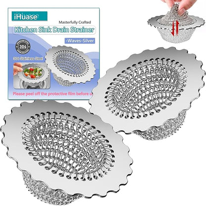 Kitchen Sink Drain Strainer, Patented 304 Stainless Steel Reversible Mesh Strainer with Flexible Chain, Handcrafted Anti-Clog Garbage Disposal Tool, Easy to Clean - 2 Pack