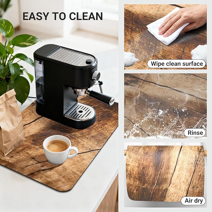 Coffee Mat 20x12 Inch, Wood Grain Coffee Counter Mat, Absorbent Hide Stain Rubber Backed Dish Drying Mat for Kitchen Counter, Bar Mats for Countertops, Under Coffee Maker Machine Pot Espresso Staion